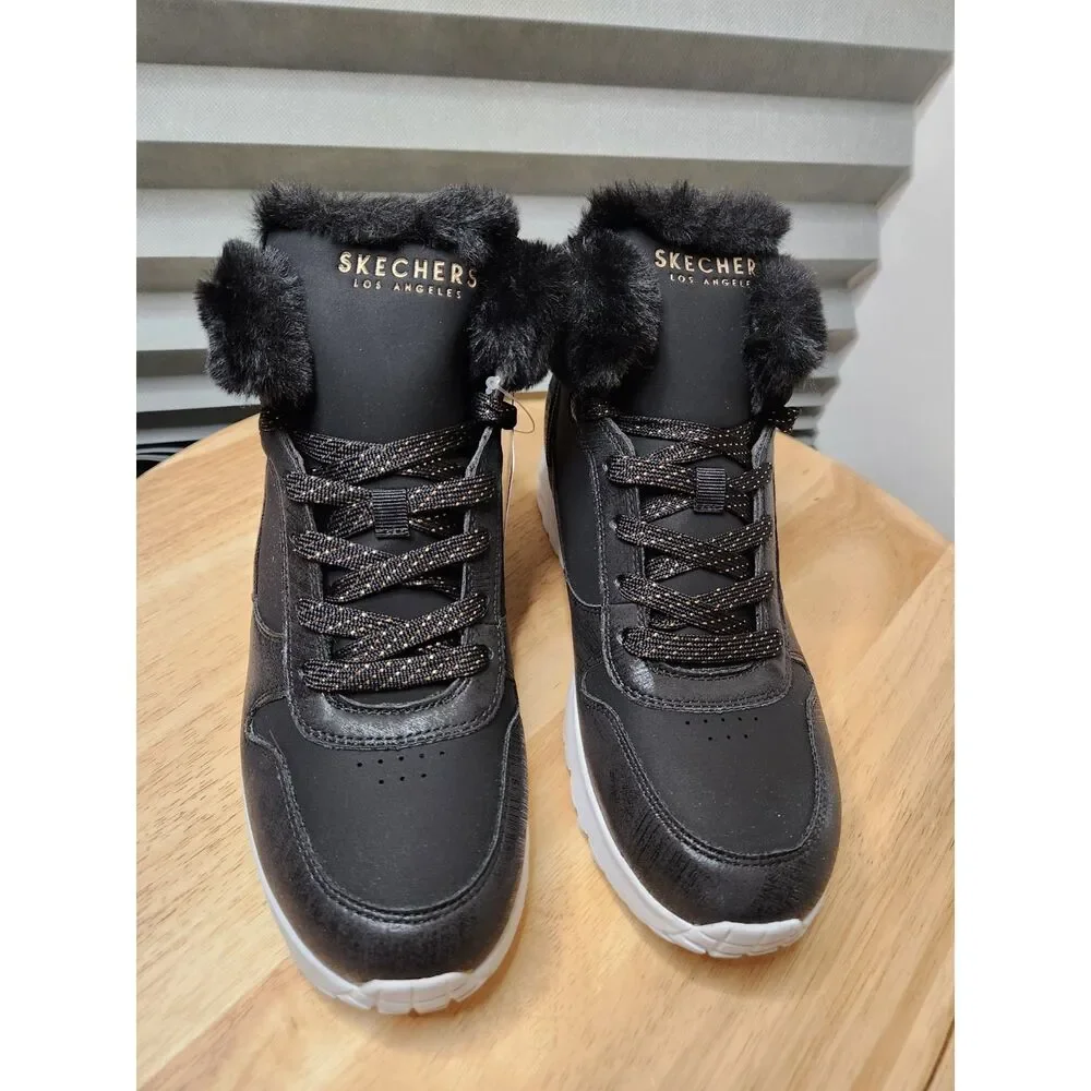 Skechers Uno Lite Bootie Youth 6 Black Side‑Zip Memory Foam